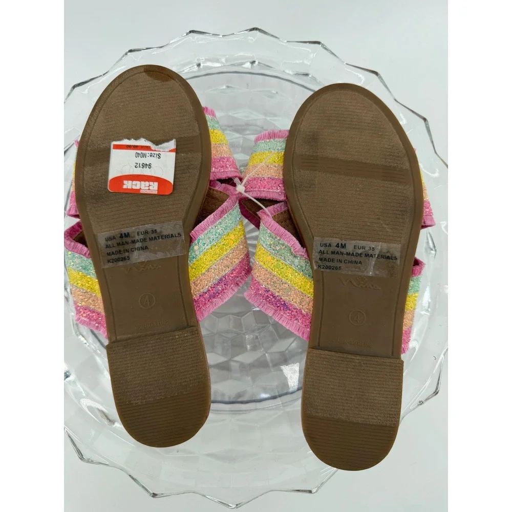 Nina Kids Rainbow Glitter Fringe Slide Sandals Pink Multi K200265 Size 4M NEW